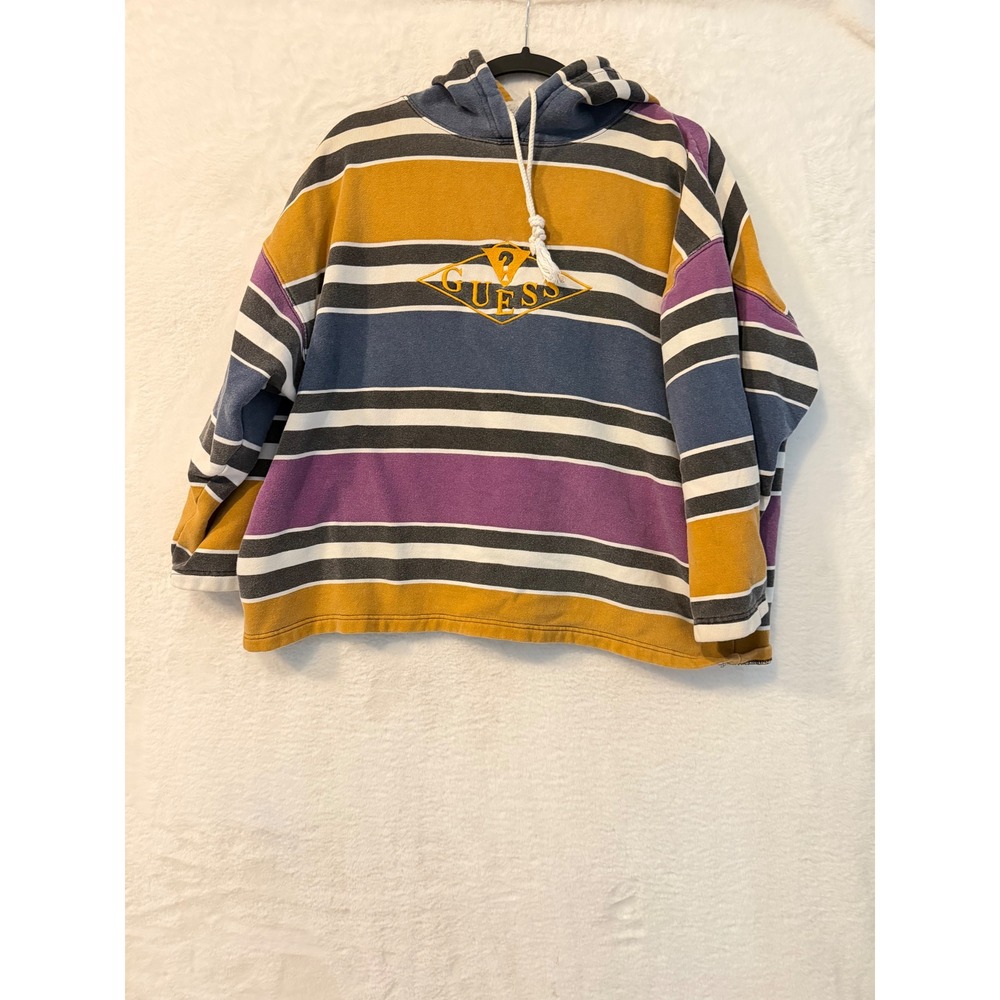 Guess Mens Striped Hoodie Sweatshirt Embroidered Logo Multi-Color Yellow XL